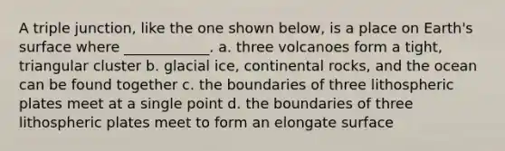 A triple junction, like the one shown below, is a place on Earth's surface where ____________. a. three volcanoes form a tight, triangular cluster b. glacial ice, continental rocks, and the ocean can be found together c. the boundaries of three lithospheric plates meet at a single point d. the boundaries of three lithospheric plates meet to form an elongate surface