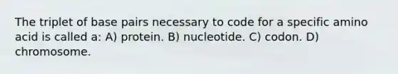 The triplet of base pairs necessary to code for a specific amino acid is called a: A) protein. B) nucleotide. C) codon. D) chromosome.