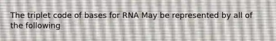 The triplet code of bases for RNA May be represented by all of the following