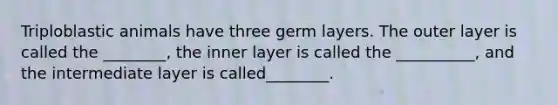 Triploblastic animals have three germ layers. The outer layer is called the ________, the inner layer is called the __________, and the intermediate layer is called________.