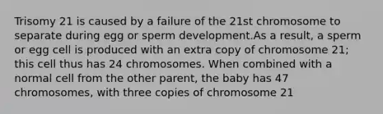 Trisomy 21 is caused by a failure of the 21st chromosome to separate during egg or sperm development.As a result, a sperm or egg cell is produced with an extra copy of chromosome 21; this cell thus has 24 chromosomes. When combined with a normal cell from the other parent, the baby has 47 chromosomes, with three copies of chromosome 21