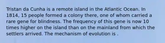 Tristan da Cunha is a remote island in the Atlantic Ocean. In 1814, 15 people formed a colony there, one of whom carried a rare gene for blindness. The frequency of this gene is now 10 times higher on the island than on the mainland from which the settlers arrived. The mechanism of evolution is .