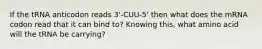 If the tRNA anticodon reads 3'-CUU-5' then what does the mRNA codon read that it can bind to? Knowing this, what amino acid will the tRNA be carrying?