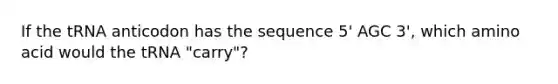 If the tRNA anticodon has the sequence 5' AGC 3', which amino acid would the tRNA "carry"?