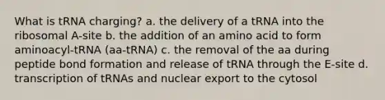 What is tRNA charging? a. the delivery of a tRNA into the ribosomal A-site b. the addition of an amino acid to form aminoacyl-tRNA (aa-tRNA) c. the removal of the aa during peptide bond formation and release of tRNA through the E-site d. transcription of tRNAs and nuclear export to the cytosol