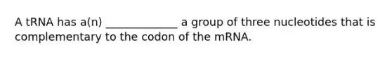 A tRNA has a(n) _____________ a group of three nucleotides that is complementary to the codon of the mRNA.