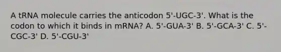 A tRNA molecule carries the anticodon 5'-UGC-3'. What is the codon to which it binds in mRNA? A. 5'-GUA-3' B. 5'-GCA-3' C. 5'-CGC-3' D. 5'-CGU-3'