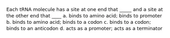 Each tRNA molecule has a site at one end that _____ and a site at the other end that ____ a. binds to amino acid; binds to promoter b. binds to amino acid; binds to a codon c. binds to a codon; binds to an anticodon d. acts as a promoter; acts as a terminator