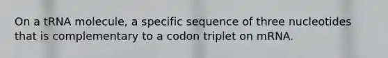 On a tRNA molecule, a specific sequence of three nucleotides that is complementary to a codon triplet on mRNA.