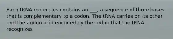 Each tRNA molecules contains an ___, a sequence of three bases that is complementary to a codon. The tRNA carries on its other end the amino acid encoded by the codon that the tRNA recognizes