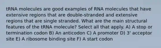 tRNA molecules are good examples of RNA molecules that have extensive regions that are double-stranded and extensive regions that are single stranded. What are the main structural features of the tRNA molecule? Select all that apply. A) A stop or termination codon B) An anticodon C) A promoter D) 3' acceptor site E) A ribosome binding site F) A start codon