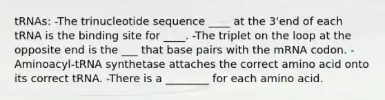 tRNAs: -The trinucleotide sequence ____ at the 3'end of each tRNA is the binding site for ____. -The triplet on the loop at the opposite end is the ___ that base pairs with the mRNA codon. -Aminoacyl-tRNA synthetase attaches the correct amino acid onto its correct tRNA. -There is a ________ for each amino acid.