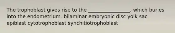 The trophoblast gives rise to the _________________, which buries into the endometrium. bilaminar embryonic disc yolk sac epiblast cytotrophoblast synchitiotrophoblast