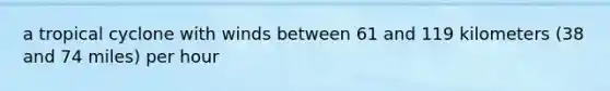 a tropical cyclone with winds between 61 and 119 kilometers (38 and 74 miles) per hour