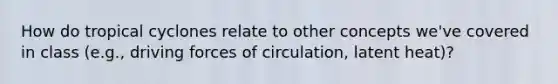 How do tropical cyclones relate to other concepts we've covered in class (e.g., driving forces of circulation, latent heat)?