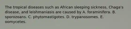 The tropical diseases such as African sleeping sickness, Chaga's disease, and leishmaniasis are caused by A. foraminifera. B. sporozoans. C. phytomastigotes. D. trypanosomes. E. oomycetes.