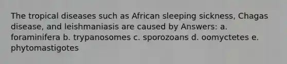 The tropical diseases such as African sleeping sickness, Chagas disease, and leishmaniasis are caused by Answers: a. foraminifera b. trypanosomes c. sporozoans d. oomyctetes e. phytomastigotes