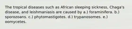 The tropical diseases such as African sleeping sickness, Chaga's disease, and leishmaniasis are caused by a.) foraminifera. b.) sporozoans. c.) phytomastigotes. d.) trypanosomes. e.) oomycetes.