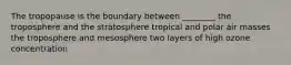 The tropopause is the boundary between ________ the troposphere and the stratosphere tropical and polar air masses the troposphere and mesosphere two layers of high ozone concentration