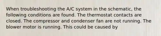 When troubleshooting the A/C system in the schematic, the following conditions are found. The thermostat contacts are closed. The compressor and condenser fan are not running. The blower motor is running. This could be caused by