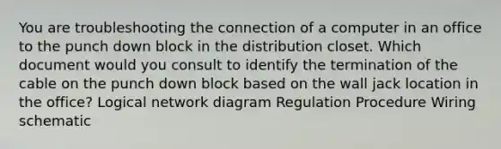 You are troubleshooting the connection of a computer in an office to the punch down block in the distribution closet. Which document would you consult to identify the termination of the cable on the punch down block based on the wall jack location in the office? Logical network diagram Regulation Procedure Wiring schematic