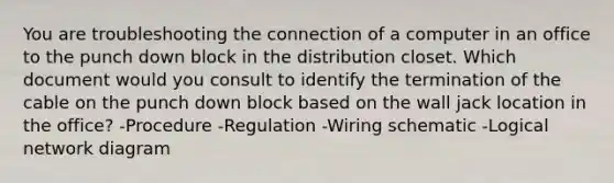 You are troubleshooting the connection of a computer in an office to the punch down block in the distribution closet. Which document would you consult to identify the termination of the cable on the punch down block based on the wall jack location in the office? -Procedure -Regulation -Wiring schematic -Logical network diagram