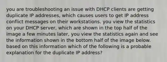 you are troubleshooting an issue with DHCP clients are getting duplicate IP addresses, which causes users to get IP address conflict messages on their workstations. you view the statistics on your DHCP server, which are shown in the top half of the image a few minutes later, you view the statistics again and see the information shown in the bottom half of the image below. based on this information which of the following is a probable explanation for the duplicate IP address?