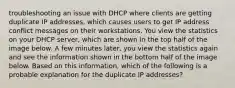 troubleshooting an issue with DHCP where clients are getting duplicate IP addresses, which causes users to get IP address conflict messages on their workstations. You view the statistics on your DHCP server, which are shown in the top half of the image below. A few minutes later, you view the statistics again and see the information shown in the bottom half of the image below. Based on this information, which of the following is a probable explanation for the duplicate IP addresses?