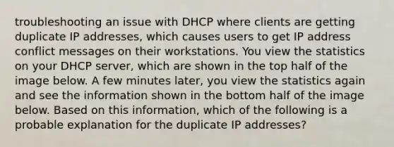 troubleshooting an issue with DHCP where clients are getting duplicate IP addresses, which causes users to get IP address conflict messages on their workstations. You view the statistics on your DHCP server, which are shown in the top half of the image below. A few minutes later, you view the statistics again and see the information shown in the bottom half of the image below. Based on this information, which of the following is a probable explanation for the duplicate IP addresses?