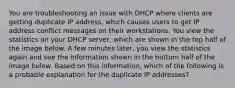 You are troubleshooting an issue with DHCP where clients are getting duplicate IP address, which causes users to get IP address conflict messages on their workstations. You view the statistics on your DHCP server, which are shown in the top half of the image below. A few minutes later, you view the statistics again and see the information shown in the bottom half of the image below. Based on this information, which of the following is a probable explanation for the duplicate IP addresses?