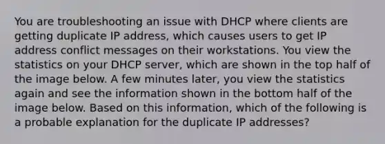 You are troubleshooting an issue with DHCP where clients are getting duplicate IP address, which causes users to get IP address conflict messages on their workstations. You view the statistics on your DHCP server, which are shown in the top half of the image below. A few minutes later, you view the statistics again and see the information shown in the bottom half of the image below. Based on this information, which of the following is a probable explanation for the duplicate IP addresses?