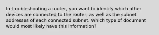 In troubleshooting a router, you want to identify which other devices are connected to the router, as well as the subnet addresses of each connected subnet. Which type of document would most likely have this information?