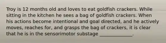 Troy is 12 months old and loves to eat goldfish crackers. While sitting in the kitchen he sees a bag of goldfish crackers. When his actions become intentional and goal directed, and he actively moves, reaches for, and grasps the bag of crackers, it is clear that he is in the sensorimotor substage ______________.