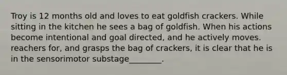 Troy is 12 months old and loves to eat goldfish crackers. While sitting in the kitchen he sees a bag of goldfish. When his actions become intentional and goal directed, and he actively moves. reachers for, and grasps the bag of crackers, it is clear that he is in the sensorimotor substage________.