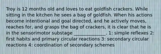 Troy is 12 months old and loves to eat goldfish crackers. While sitting in the kitchen he sees a bag of goldfish. When his actions become intentional and goal directed, and he actively moves, reaches for, and grasps the bag of crackers, it is clear that he is in the sensorimotor substage ______________. 1: simple reflexes 2: first habits and primary circular reactions 3: secondary circular reactions 4: coordination of secondary schemes