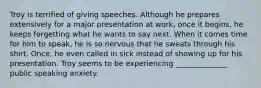 Troy is terrified of giving speeches. Although he prepares extensively for a major presentation at work, once it begins, he keeps forgetting what he wants to say next. When it comes time for him to speak, he is so nervous that he sweats through his shirt. Once, he even called in sick instead of showing up for his presentation. Troy seems to be experiencing ______________ public speaking anxiety.