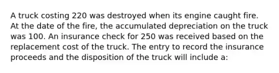 A truck costing 220 was destroyed when its engine caught fire. At the date of the fire, the accumulated depreciation on the truck was 100. An insurance check for 250 was received based on the replacement cost of the truck. The entry to record the insurance proceeds and the disposition of the truck will include a: