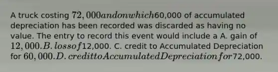 A truck costing 72,000 and on which60,000 of accumulated depreciation has been recorded was discarded as having no value. The entry to record this event would include a A. gain of 12,000. B. loss of12,000. C. credit to Accumulated Depreciation for 60,000. D. credit to Accumulated Depreciation for72,000.