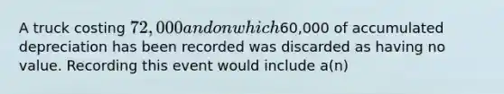 A truck costing 72,000 and on which60,000 of accumulated depreciation has been recorded was discarded as having no value. Recording this event would include a(n)