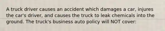 A truck driver causes an accident which damages a car, injures the car's driver, and causes the truck to leak chemicals into the ground. The truck's business auto policy will NOT cover: