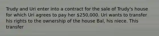 Trudy and Uri enter into a contract for the sale of Trudy's house for which Uri agrees to pay her 250,000. Uri wants to transfer his rights to the ownership of the house Bal, his niece. This transfer