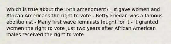 Which is true about the 19th amendment? - It gave women and <a href='https://www.questionai.com/knowledge/kktT1tbvGH-african-americans' class='anchor-knowledge'>african americans</a> <a href='https://www.questionai.com/knowledge/kr9tEqZQot-the-right-to-vote' class='anchor-knowledge'>the right to vote</a> - Betty Friedan was a famous abolitionist - Many first wave feminists fought for it - It granted women the right to vote just two years after African American males received the right to vote