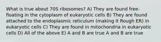 What is true about 70S ribosomes? A) They are found free-floating in the cytoplasm of eukaryotic cells B) They are found attached to the endoplasmic reticulum (making it Rough ER) in eukaryotic cells C) They are found in mitochondria in eukaryotic cells D) All of the above E) A and B are true A and B are true