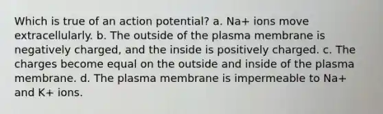 Which is true of an action potential? a. Na+ ions move extracellularly. b. The outside of the plasma membrane is negatively charged, and the inside is positively charged. c. The charges become equal on the outside and inside of the plasma membrane. d. The plasma membrane is impermeable to Na+ and K+ ions.