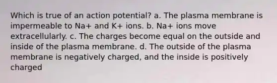 Which is true of an action potential? a. The plasma membrane is impermeable to Na+ and K+ ions. b. Na+ ions move extracellularly. c. The charges become equal on the outside and inside of the plasma membrane. d. The outside of the plasma membrane is negatively charged, and the inside is positively charged