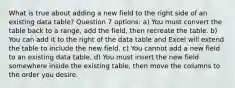 What is true about adding a new field to the right side of an existing data table? Question 7 options: a) You must convert the table back to a range, add the field, then recreate the table. b) You can add it to the right of the data table and Excel will extend the table to include the new field. c) You cannot add a new field to an existing data table. d) You must insert the new field somewhere inside the existing table, then move the columns to the order you desire.