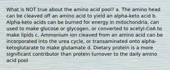 What is NOT true about the amino acid pool? a. The amino head can be cleaved off an amino acid to yield an alpha-keto acid b. Alpha-keto acids can be burned for energy in mitochondria, can used to make glucose or glycogen, or converted to acetyl-CoA to make lipids c. Ammonium ion cleaved from an amino acid can be incorporated into the urea cycle, or transaminated onto alpha-ketoglutarate to make glutamate d. Dietary protein is a more significant contributor than protein turnover to the daily amino acid pool