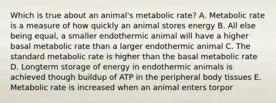 Which is true about an animal's metabolic rate? A. Metabolic rate is a measure of how quickly an animal stores energy B. All else being equal, a smaller endothermic animal will have a higher basal metabolic rate than a larger endothermic animal C. The standard metabolic rate is higher than the basal metabolic rate D. Longterm storage of energy in endothermic animals is achieved though buildup of ATP in the peripheral body tissues E. Metabolic rate is increased when an animal enters torpor