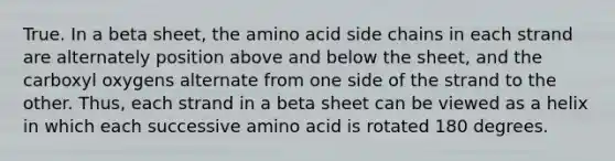 True. In a beta sheet, the amino acid side chains in each strand are alternately position above and below the sheet, and the carboxyl oxygens alternate from one side of the strand to the other. Thus, each strand in a beta sheet can be viewed as a helix in which each successive amino acid is rotated 180 degrees.