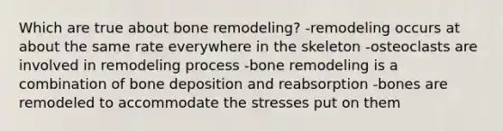 Which are true about bone remodeling? -remodeling occurs at about the same rate everywhere in the skeleton -osteoclasts are involved in remodeling process -bone remodeling is a combination of bone deposition and reabsorption -bones are remodeled to accommodate the stresses put on them